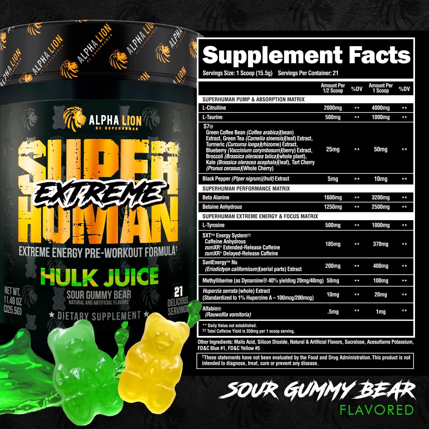 Alpha Lion Superhuman Extreme Energy Hardcore Preworkout 21 Full Servings New