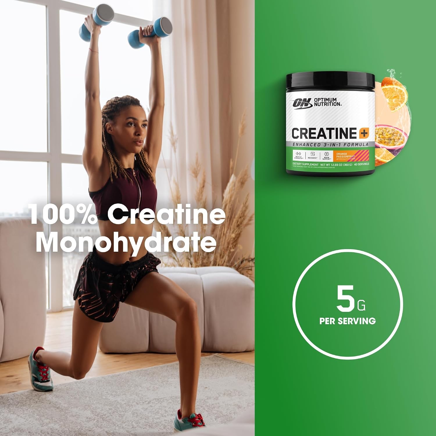 Optimum Nutrition Creatine Monohydrate Plus Powder, Orange Passionfruit Flavored