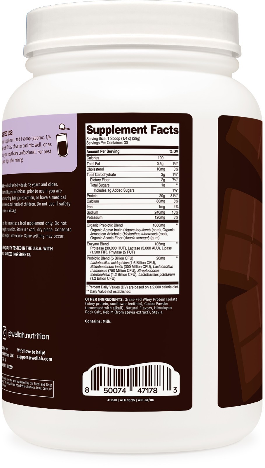 Wellah Grass-Fed Whey Protein Isolate Powder (Dark Chocolate) 30 Servings