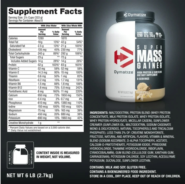 Dymatize Super Mass Gainer, Gourmet Vanilla, 52g Protein, 6 lb
