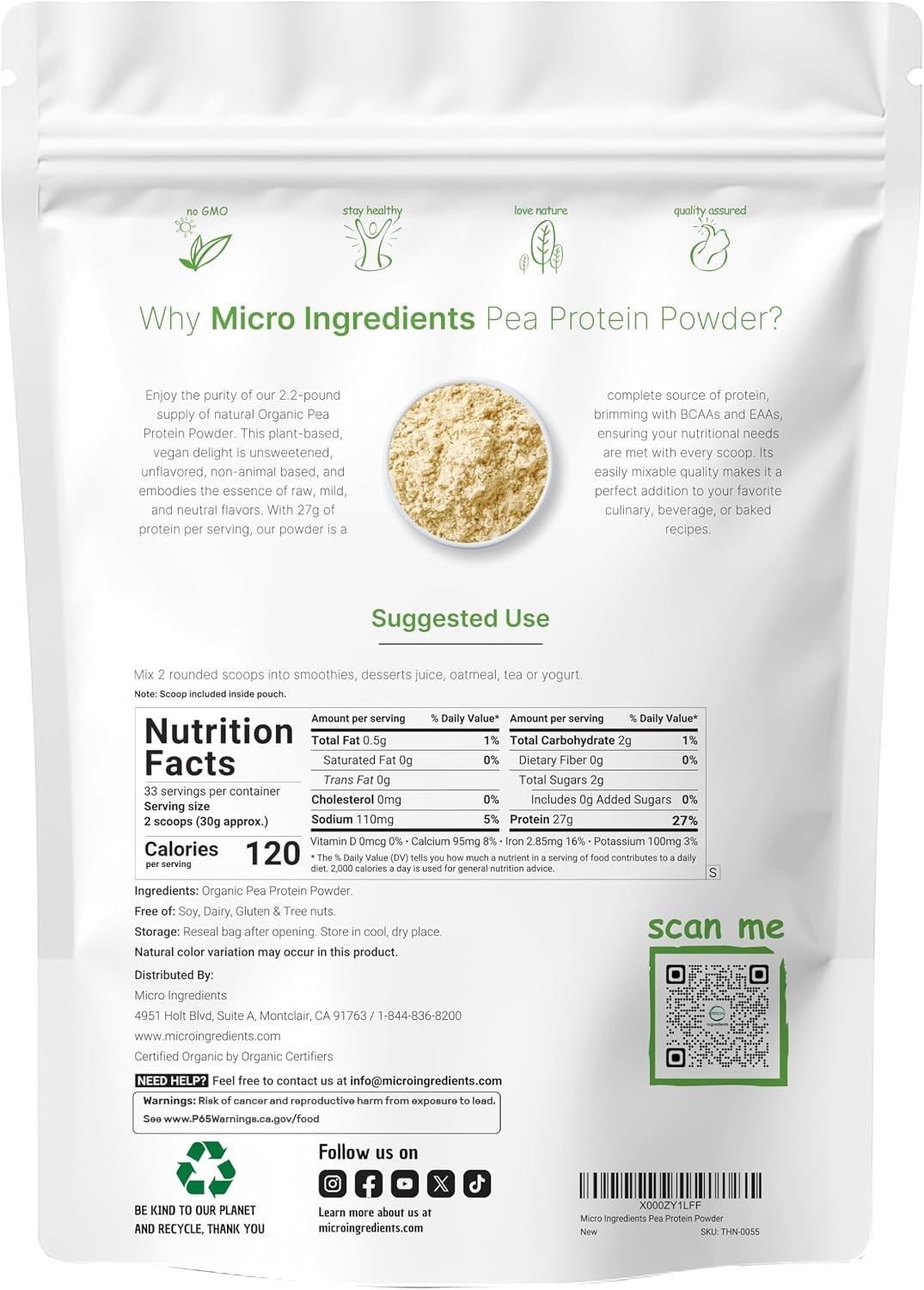 Organic Pea Protein Powder 2.2 Lbs Plant-Based Vegan Non-GMO Soy Free Amino