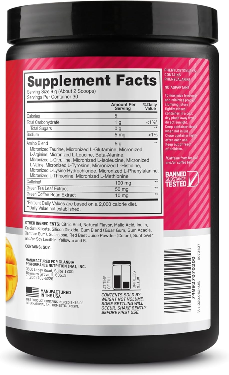 Amino Energy Powder – Peach Mango Tango, 100mg Caffeine per Serving, 30 Servings