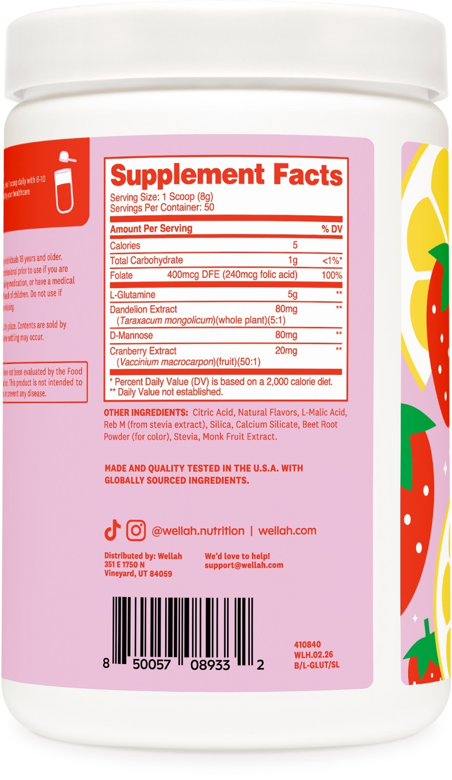 Wellah L-Glutamine Strawberry Lemonade (50 Servings) – Sweetened with Stevia