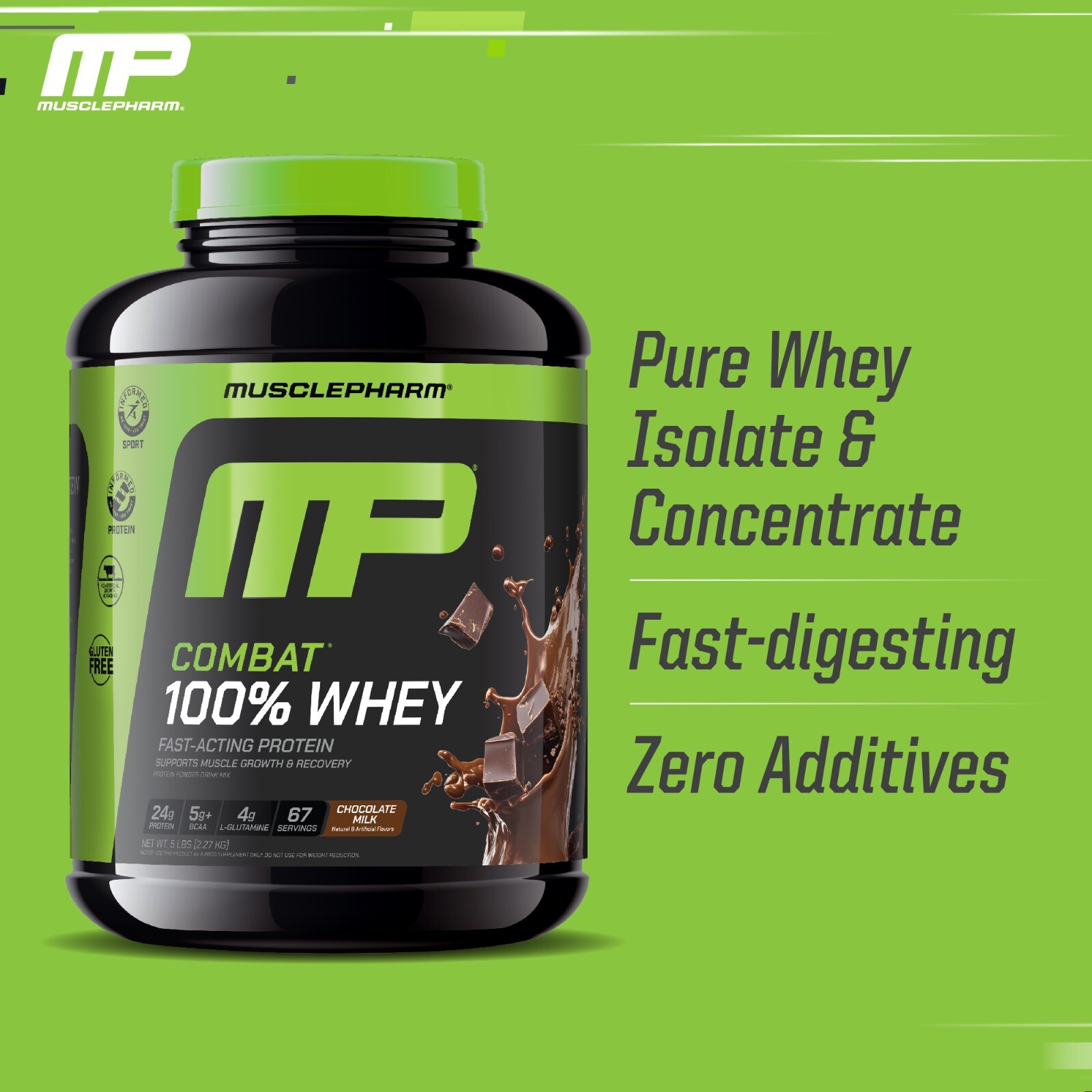 MusclePharm Combat 100% Whey Protein Powder – 5 lb, 70 Servings, Chocolate Milk