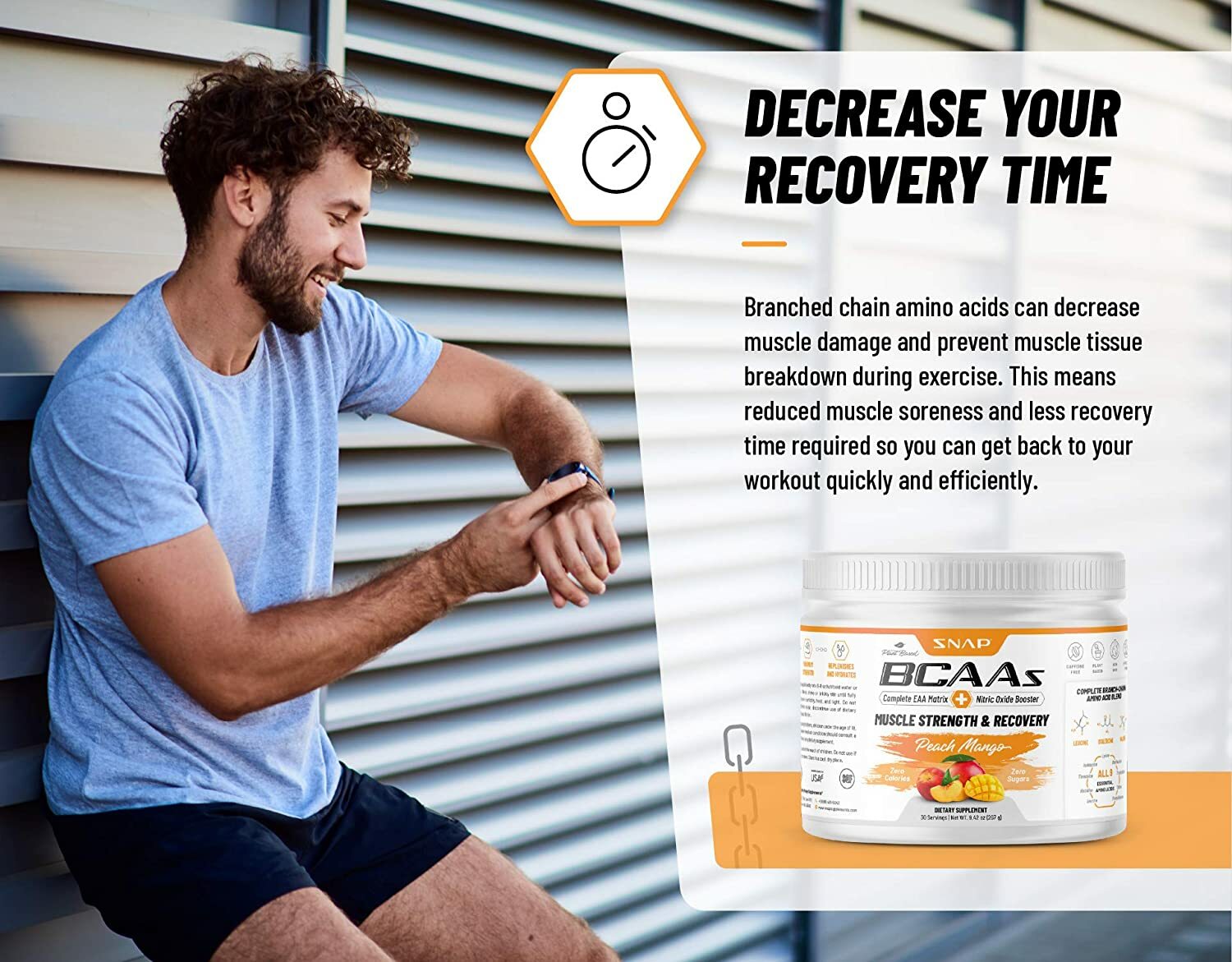 BCAA Powder Peach Mango Post Workout Muscle Strength & Recovery – 30 Servings