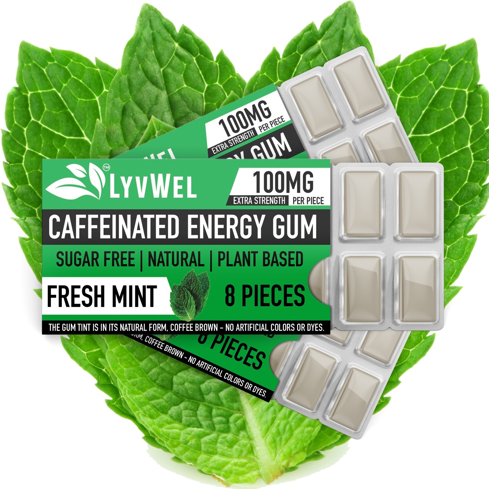 LyvWel All Natural Energy Focus Mint Fitness Gum 3 Packs Run jog 100mg Caffeine