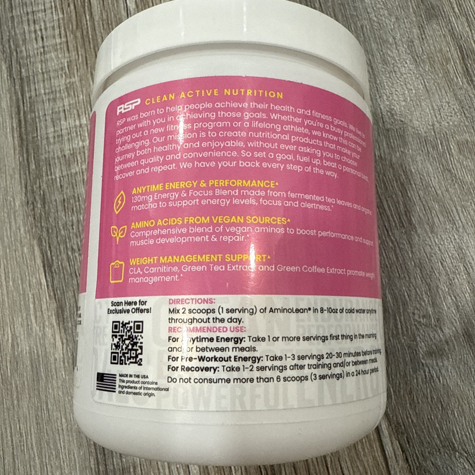 RSP Nutrition AminoLean Energy Pre Workout Powder 5g Vegan Amino Acids Exp 05/28