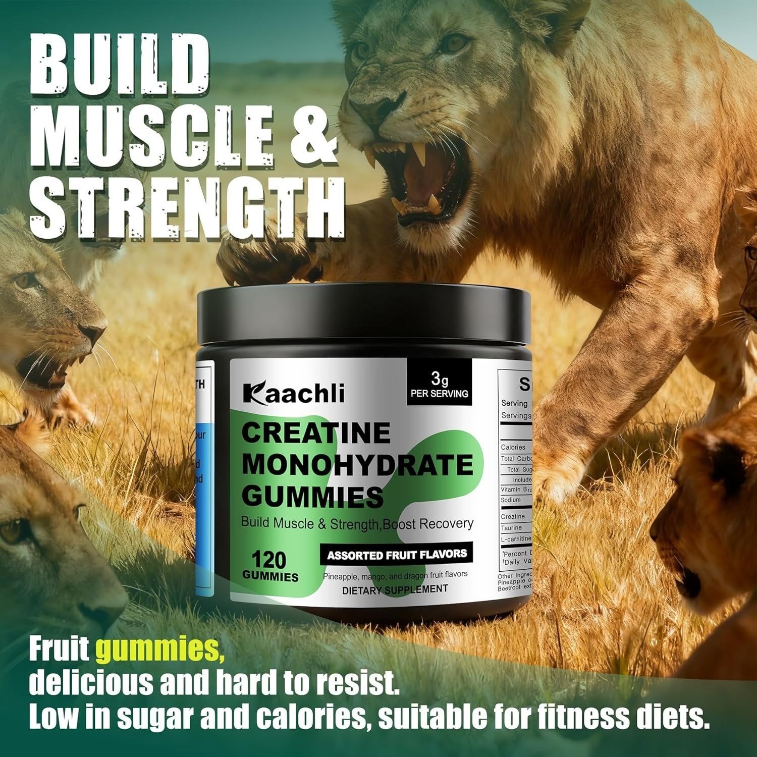 Kaachli Creatine Monohydrate Gummies – Assorted Fruit Flavor – 120 count