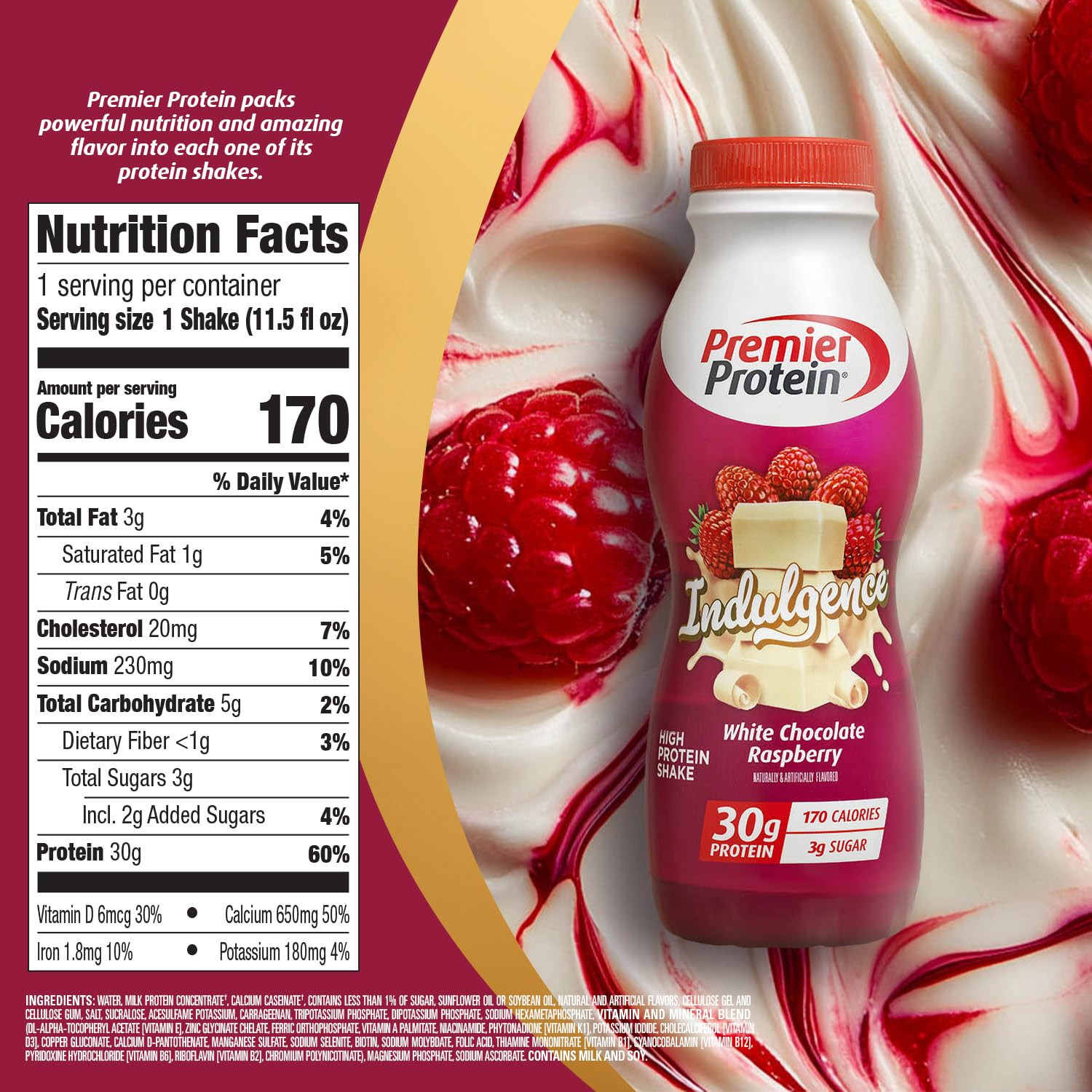 Shake INDULGENCE, White Chocolate Raspberry, 30G Protein, 170 Calories, 3G Sugar