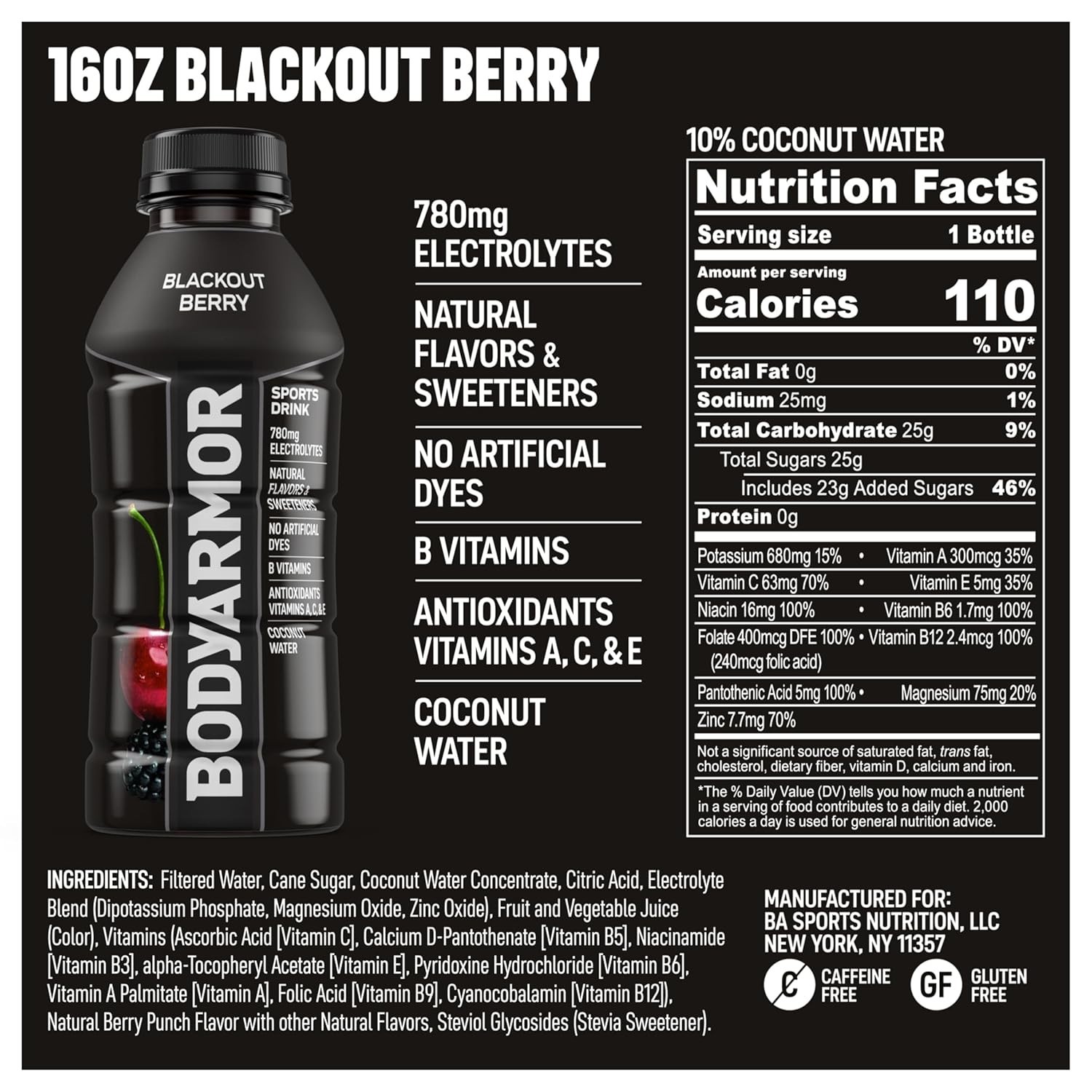Sports Drink BodyArmor Blackout Berry 16 Fl Oz Electrolytes Hydration