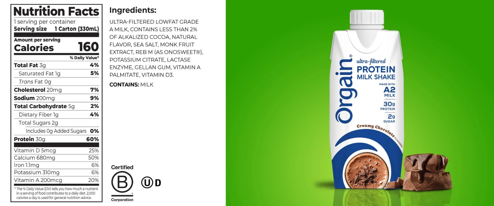 Orgain 30g Ultra Filtered A2 Milk Protein Shake, Chocolate, 11 fl oz, 15-count
