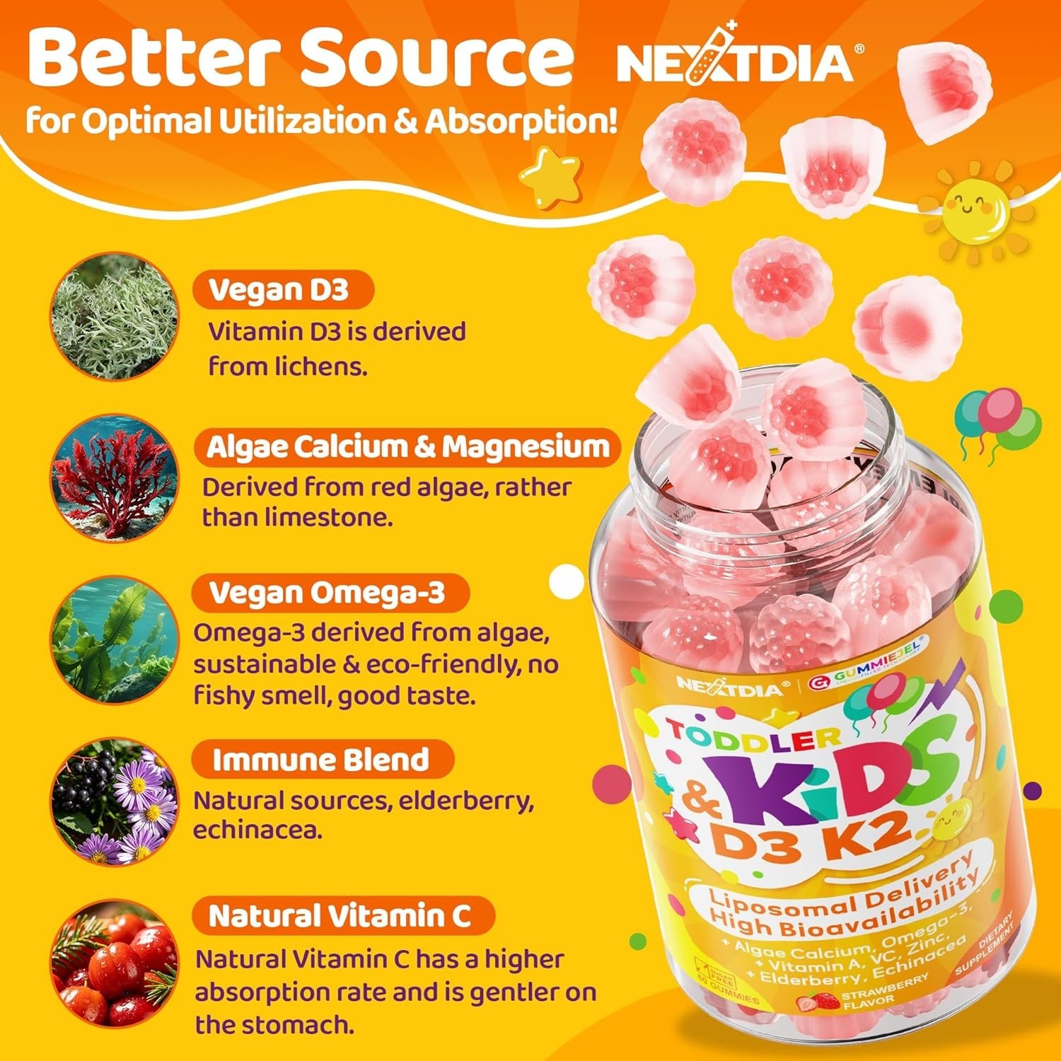 Toddler 2-3 & Kids Vitamin D3 K2 + Algae Calcium Filled Gummies, 1000 IU / 2000