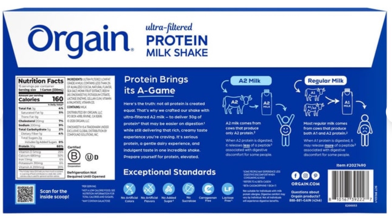 Orgain 30g Ultra Filtered A2 Milk Protein Shake, Chocolate, 11 fl oz, 15-count