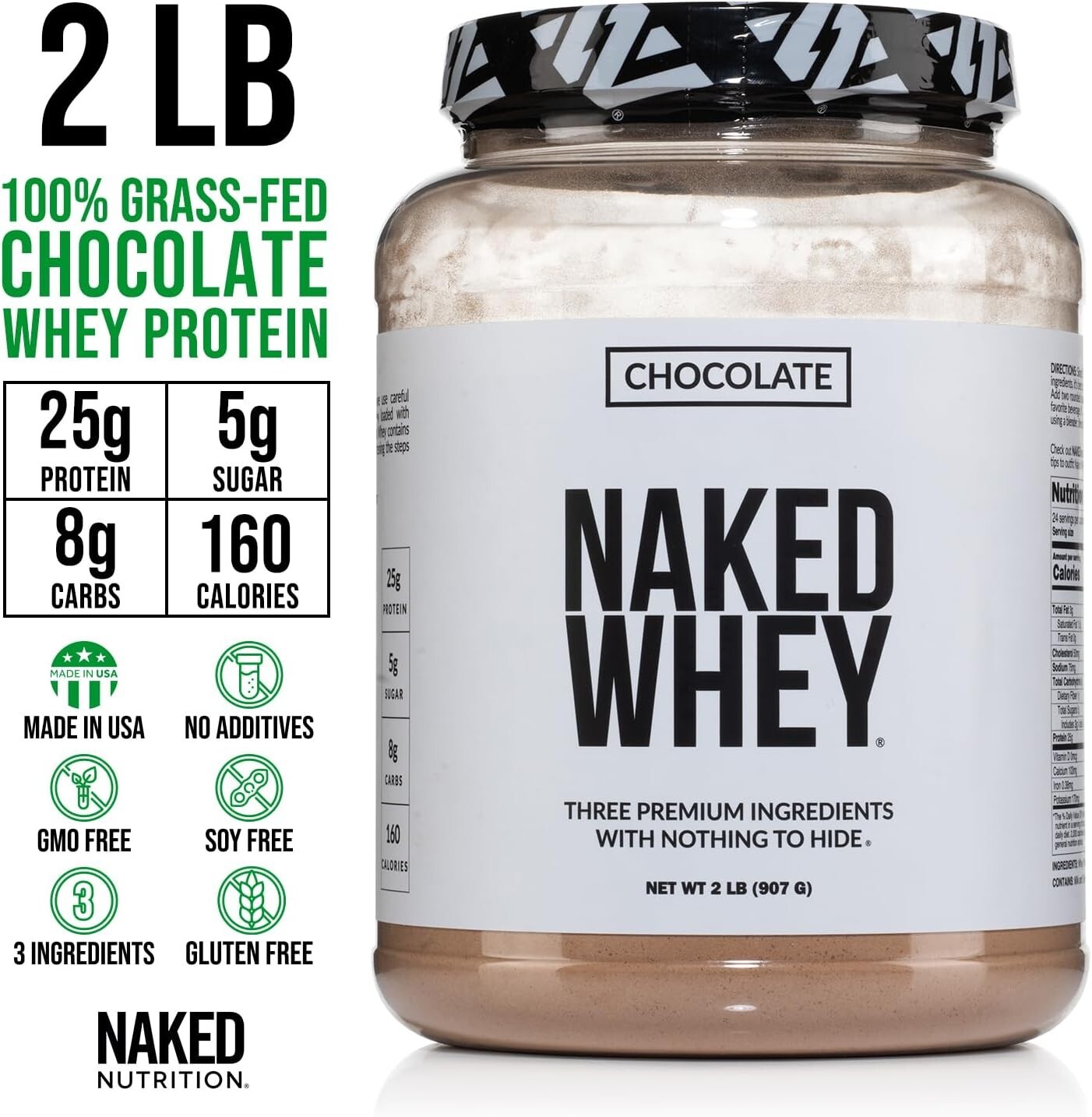 2LB Naked Whey – All Natural Grass Fed Whey Protein Powder, Organic Chocolate