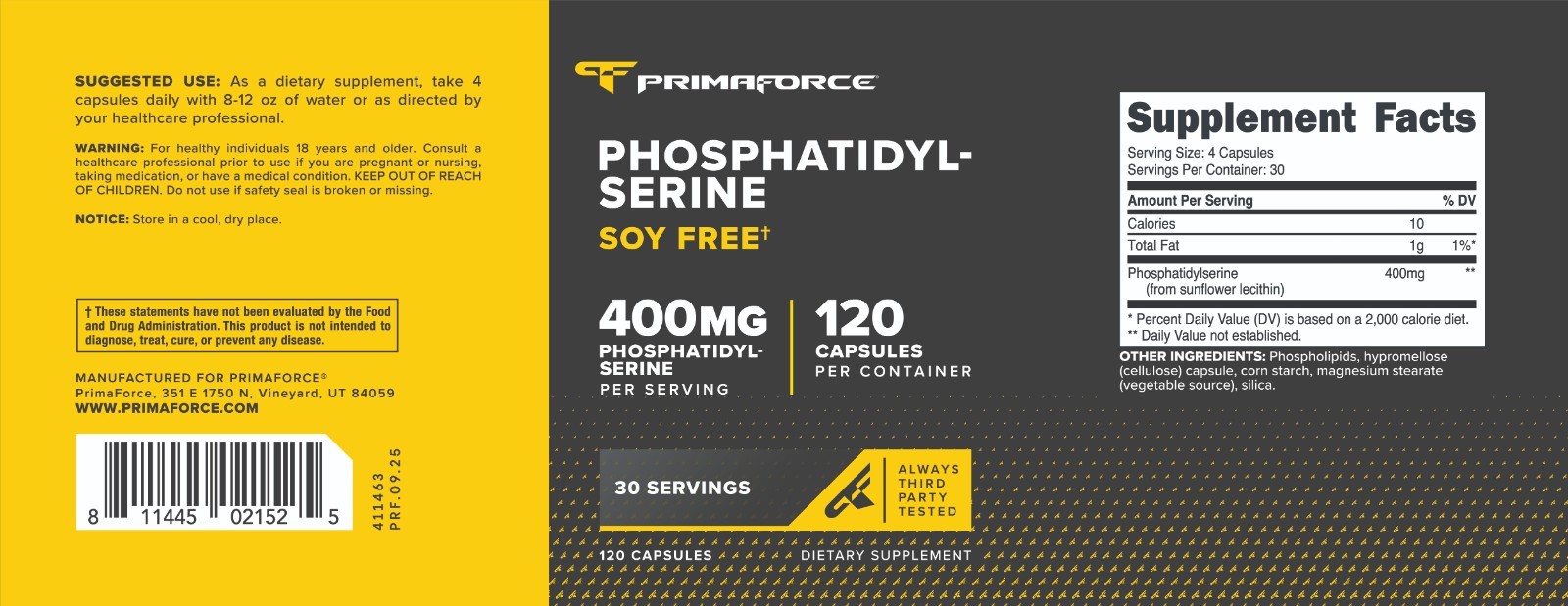 Primaforce Phosphatidyl Serine (400mg), 120 Capsules, 30 Servings