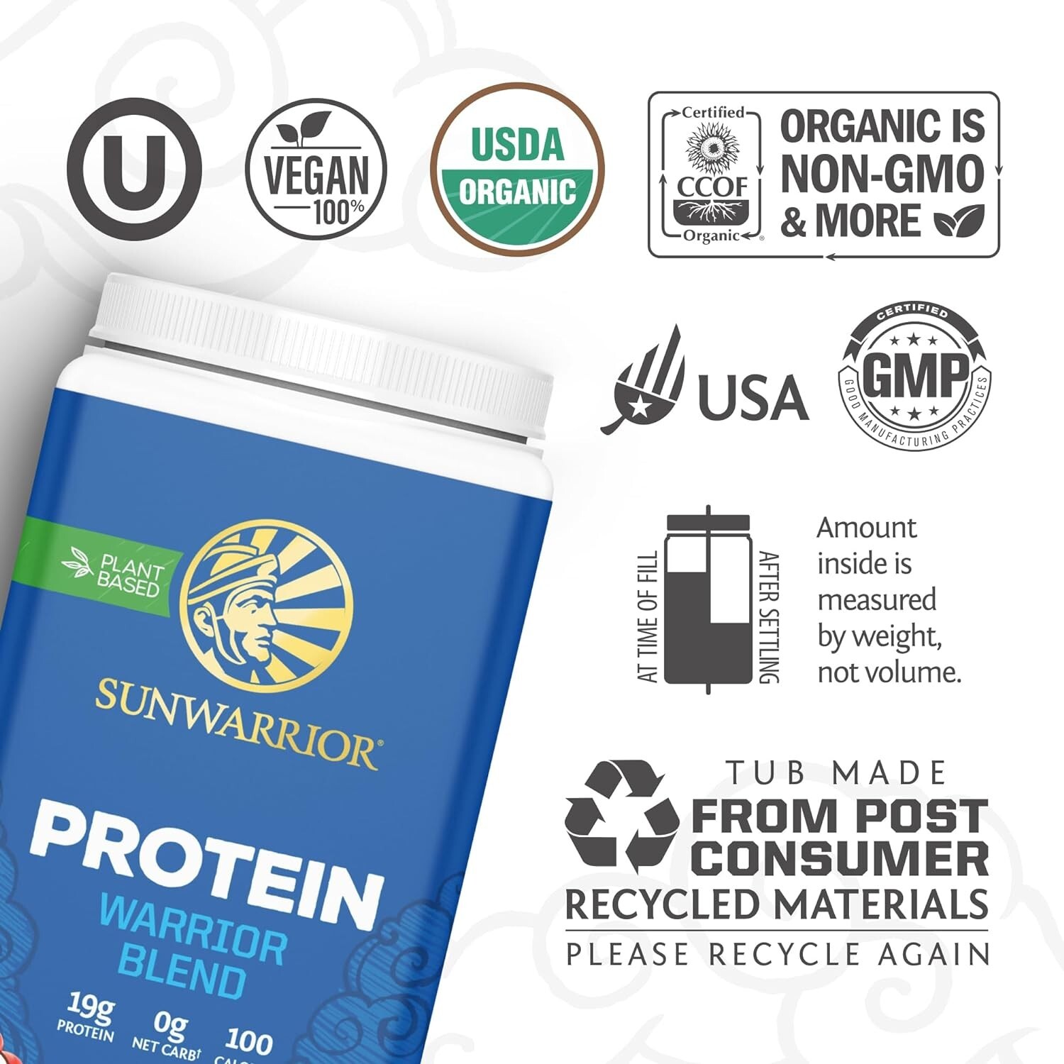 Sunwarrior Warrior Blend Organic Vegan Protein Powder BCAA Unflavored 1.65 lbs