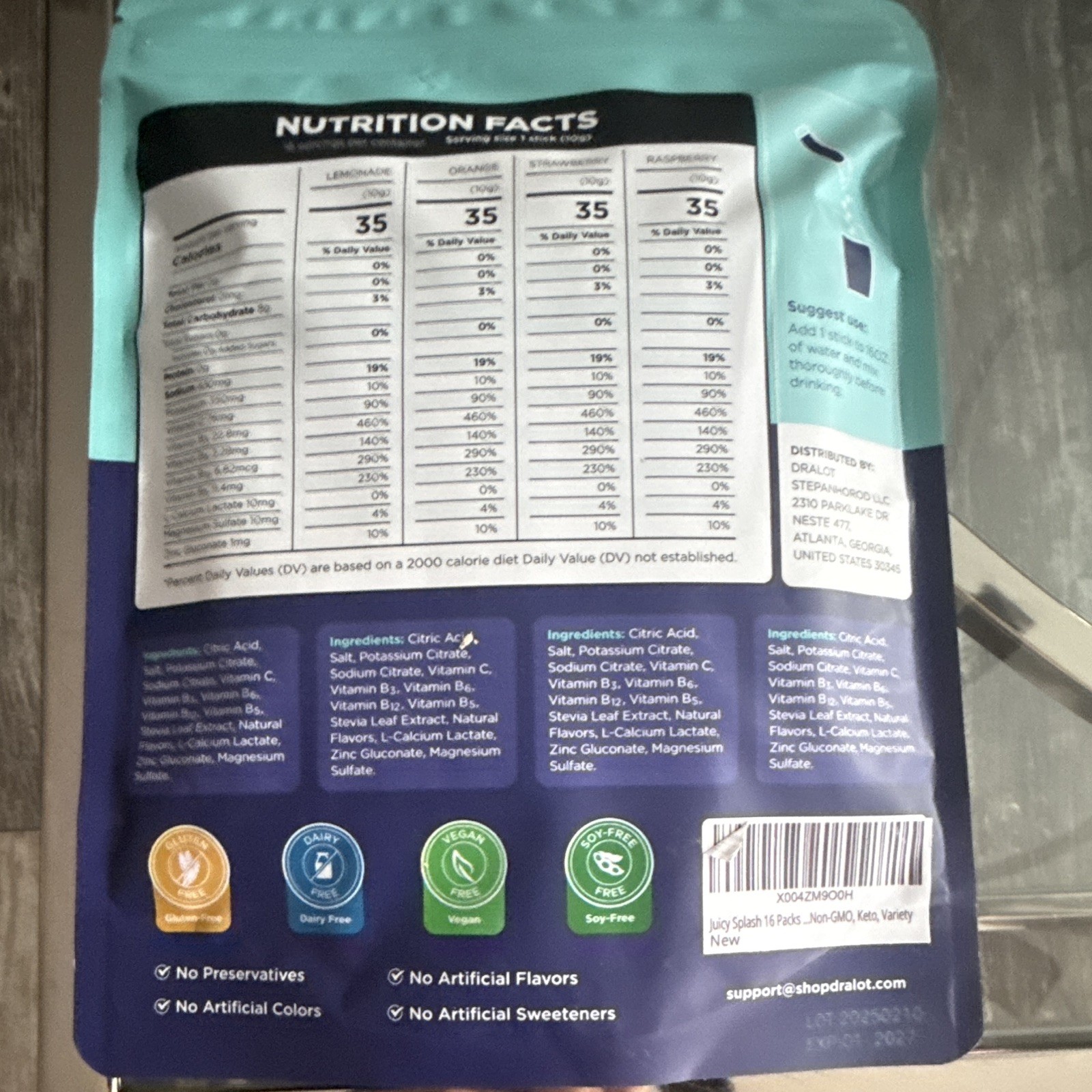 DRALOT Electrolyte Drink Mix Sugar-Free Vegan Variety Pack 16 Sticks 5.64 oz