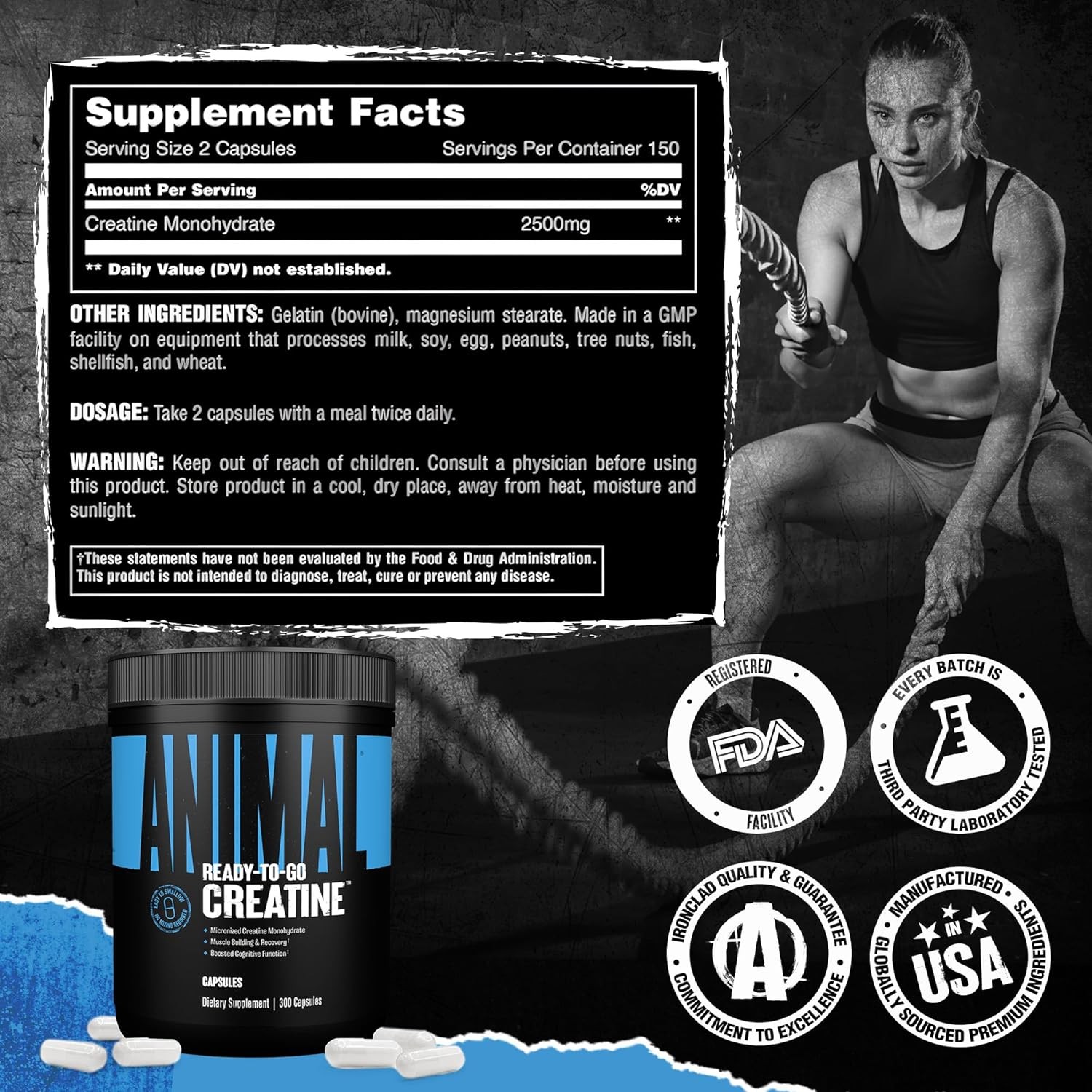 Animal CREATINE Bulk Size Micronized Monohydrate 300 Capsules – 150 Servings