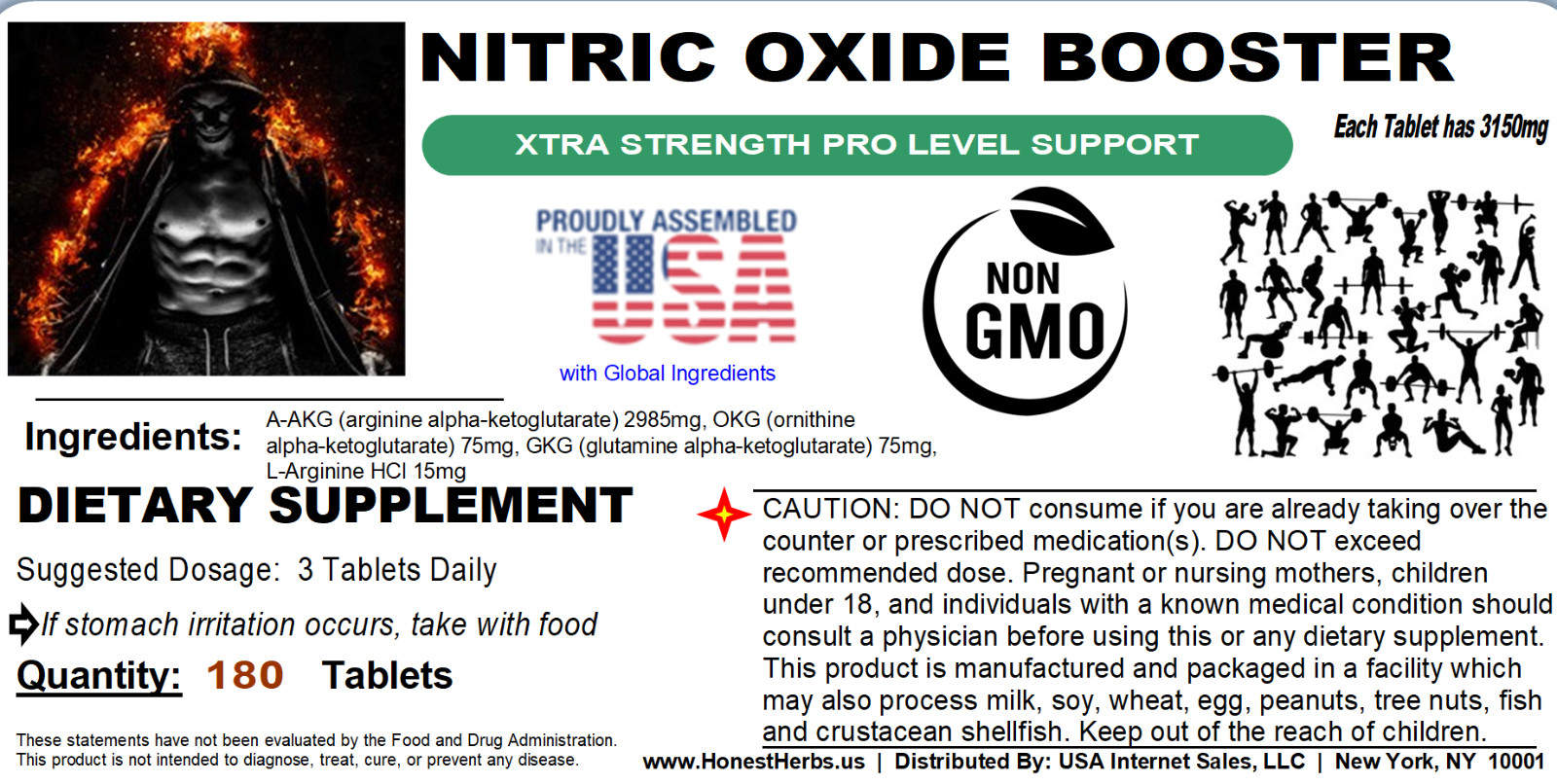 Nitric Oxide Level Support Booster – L-Arginine, AAKG 3150mg Non GMO 180 Tabs