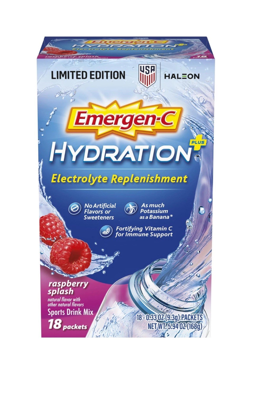 Emergen-C Hydration+ Sports Electrolyte 0.33 Ounce (Pack of 18), Raspberry