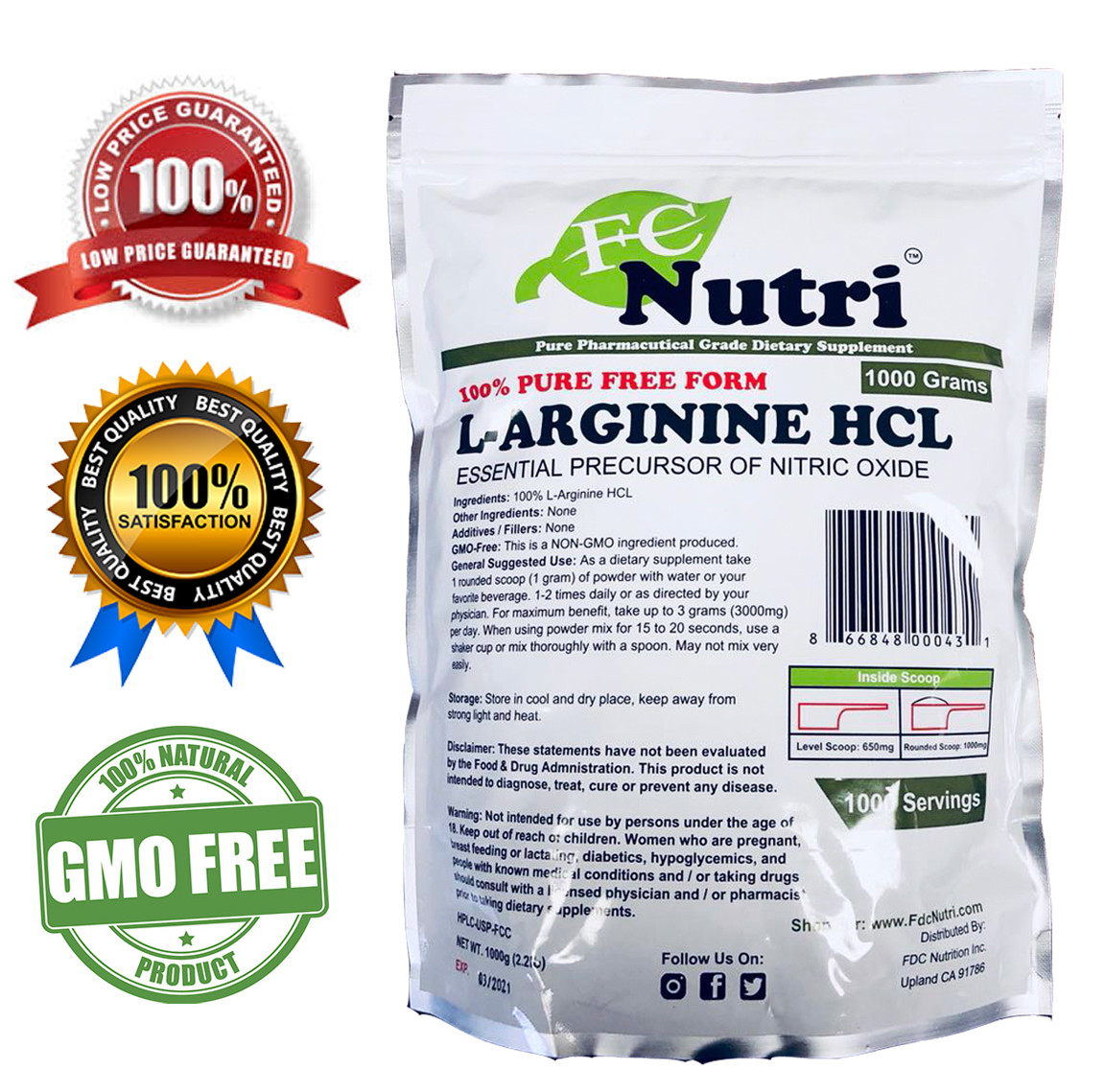 L-Arginine HCL Powder 100%pure 2.2 Lb (1000 grams) By FDC NUTRITION 5 PACKS