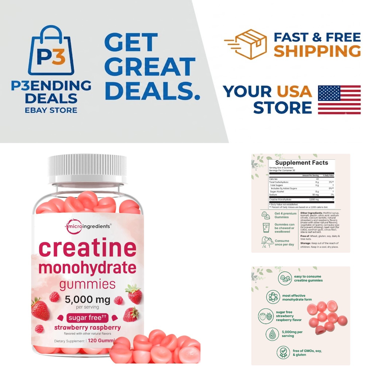 120 Count Strawberry Raspberry Creatine Gummies – Pre Workout & Recovery Boost