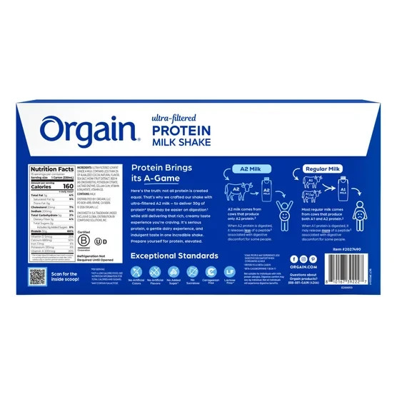 Orgain 30g Ultra Filtered A2 Milk Protein Shake, Chocolate, 11 fl oz, 15-count