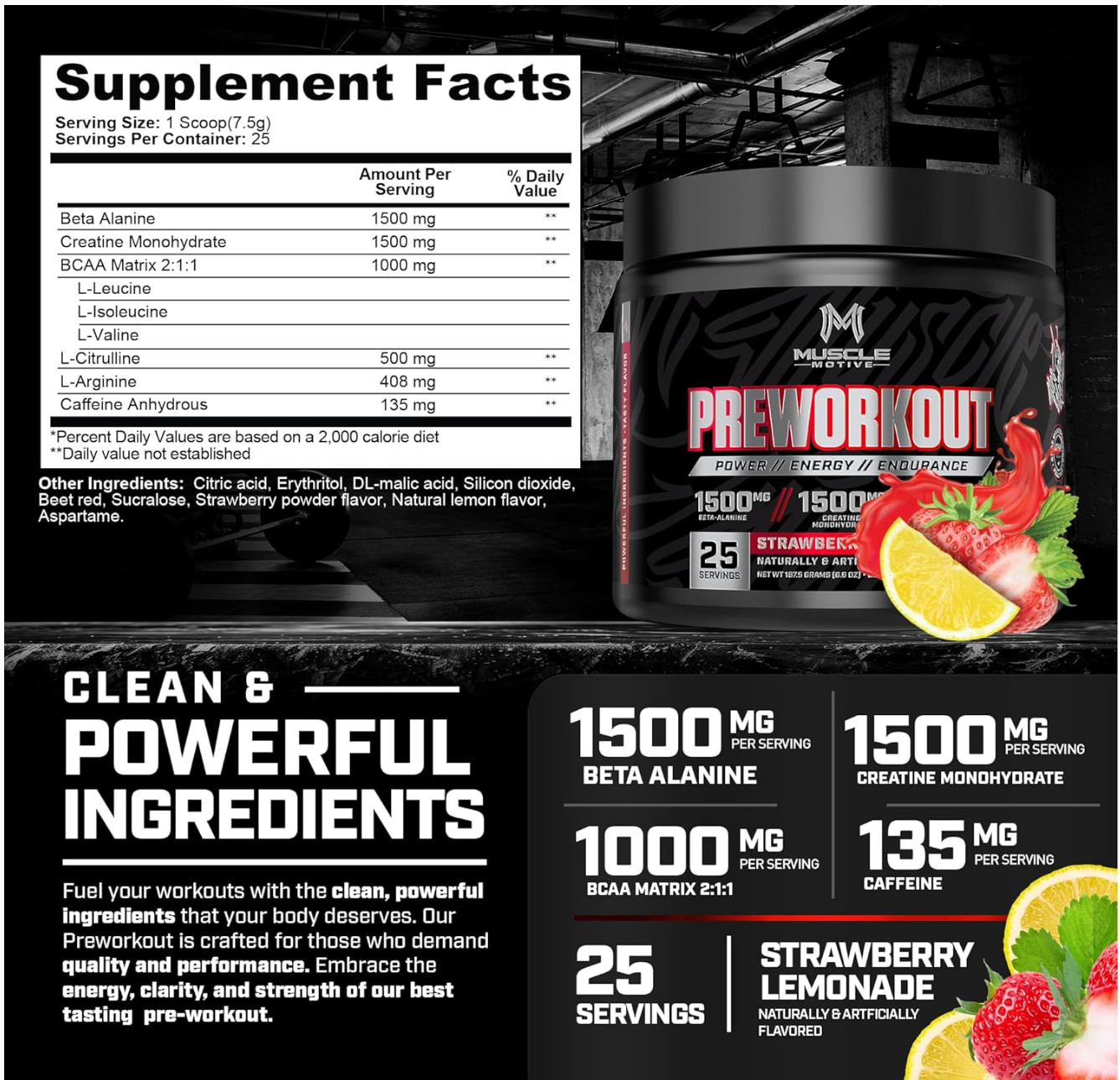 Pre Workout Powder with Beta Alanine, Creatine Monohydrate, BCAA, L Citrulline