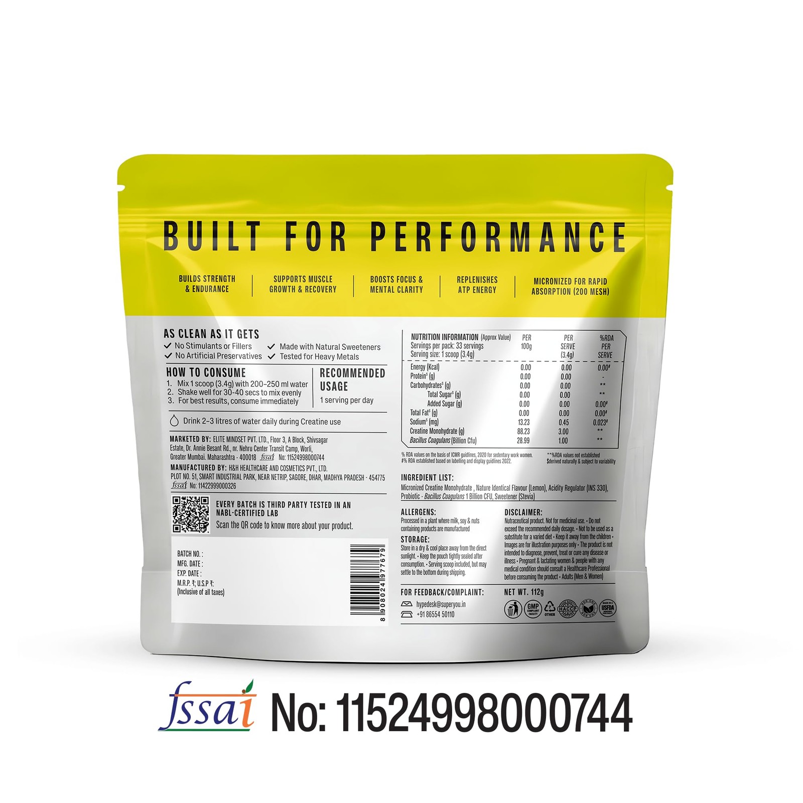 SuperYou Pro Micronized Creatine Powder Zesty Lemon 112g 33 Servings