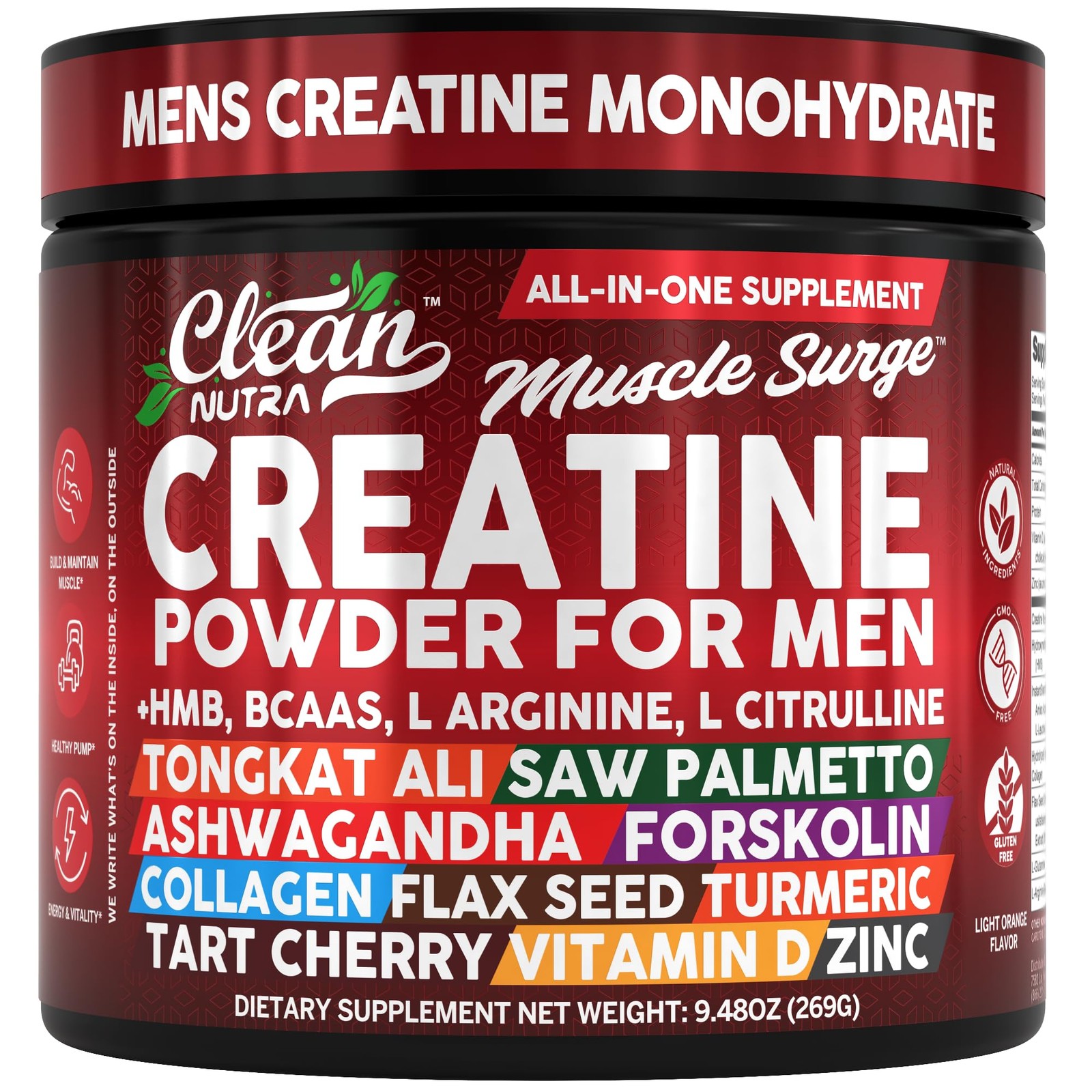 Clean Nutra Creatine Powder for Men + HMB BCAA L 9.87 Ounce (Pack of 1), Red