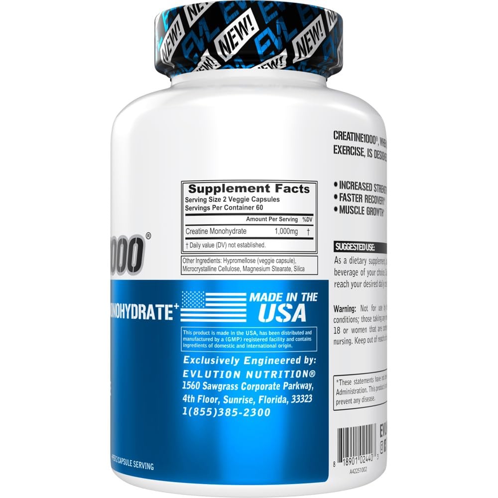 Evlution Nutrition Creatine Monohydrate Capsules – Pre 120 Count (Pack of 1)