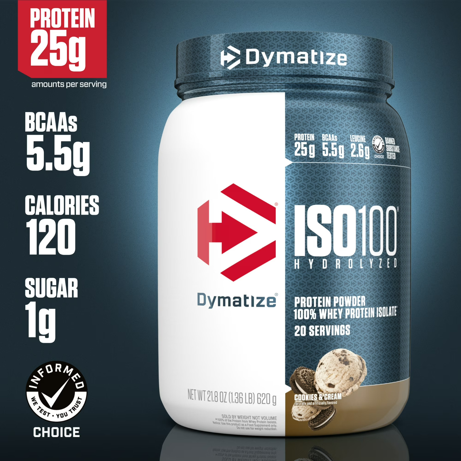 Dymatize ISO100 Hydrolyzed Whey Isolate Protein Powder Cookies Cream 20 Serving