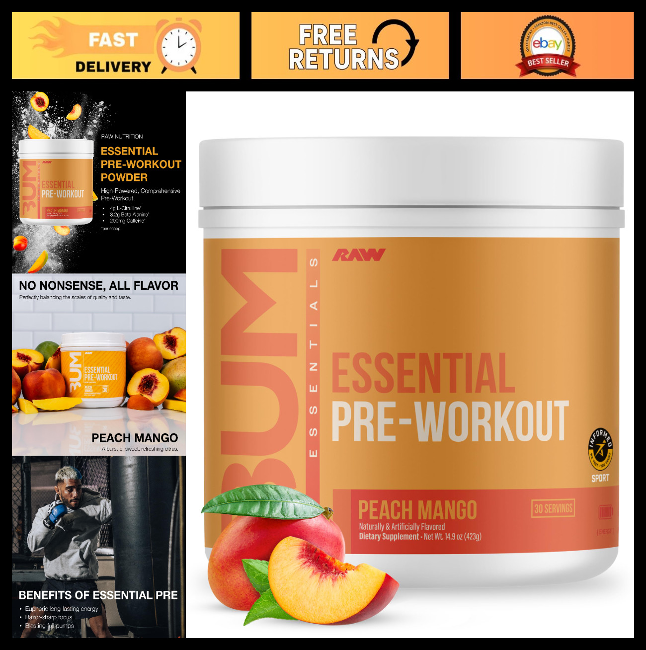 Essential Pre Workout Powder – Energy Drink for Men & Women, Peach Mango Flavor