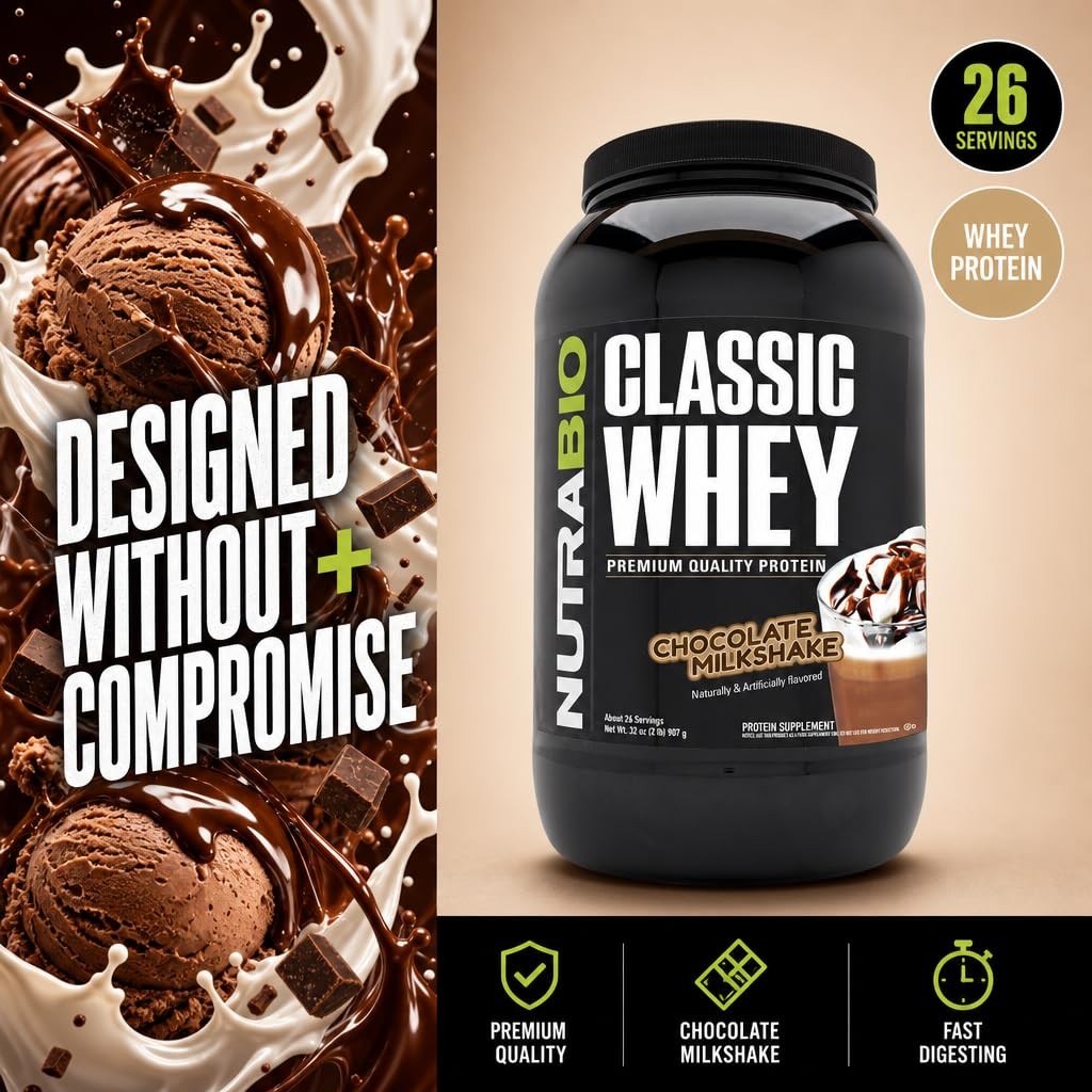 Whey Protein Powder 25G Per Scoop 2 Pound Chocolate Milkshake NutraBio Classic