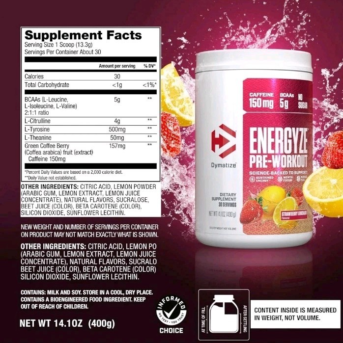 Dymatize Energyze Pre-Workout Powder 150mg Caffeine 5g BCAAs Strawberry Lemonade