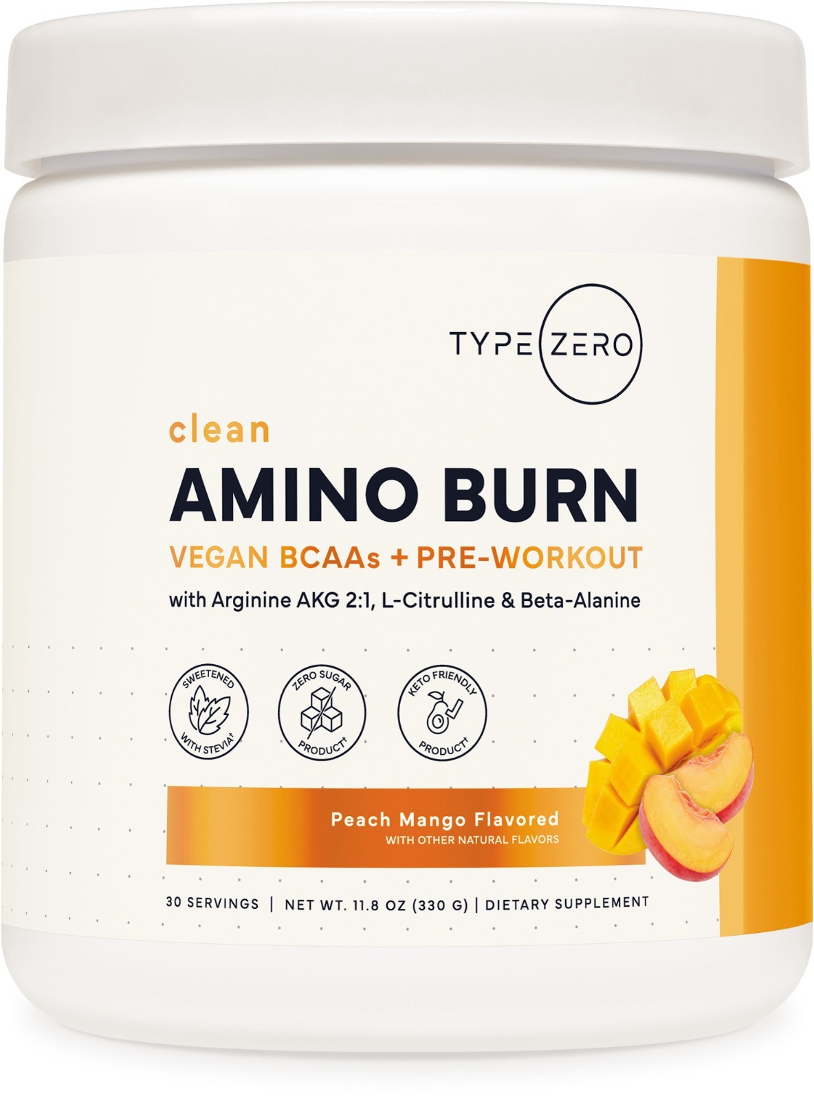Type Zero Amino Burn (Peach Mango) 30 Servings – Pre Workout with Vegan BCAAs
