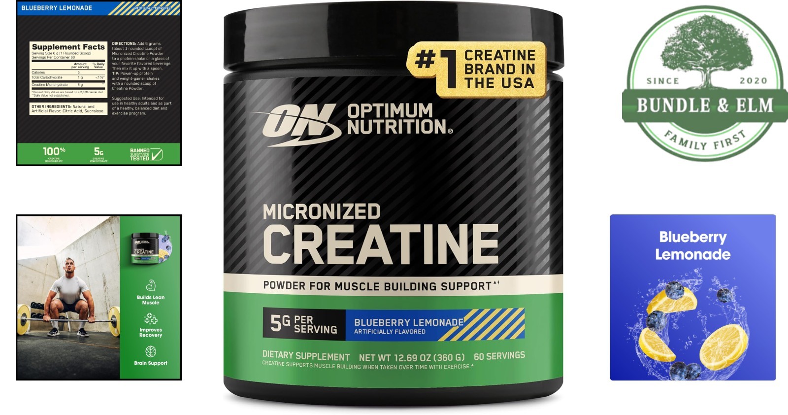 Micronized Creatine Monohydrate Powder, Blueberry Lemonade Flavor, 60 Servings