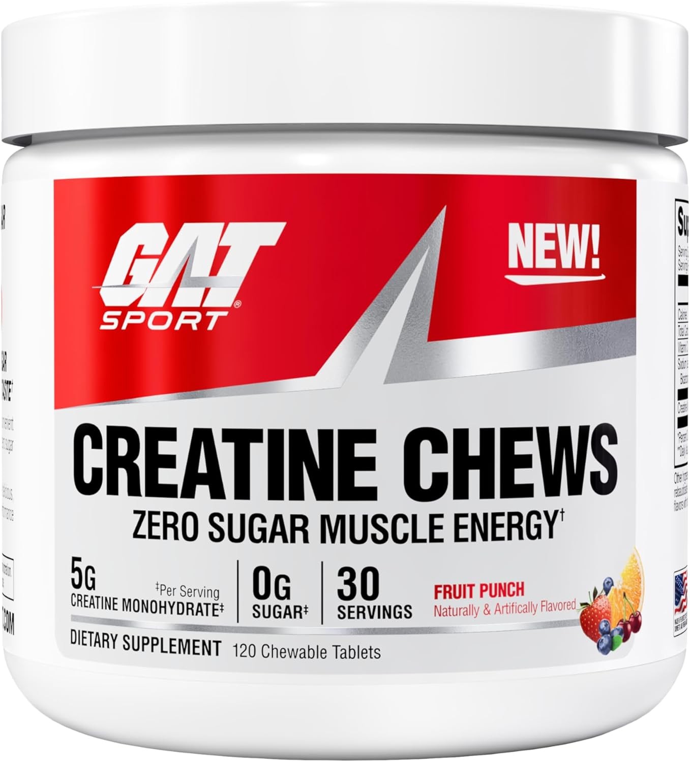 GAT SPORT Creatine Chews, Zero Sugar, 5g Pure Creatine 30 Servings (Fruit Punch)