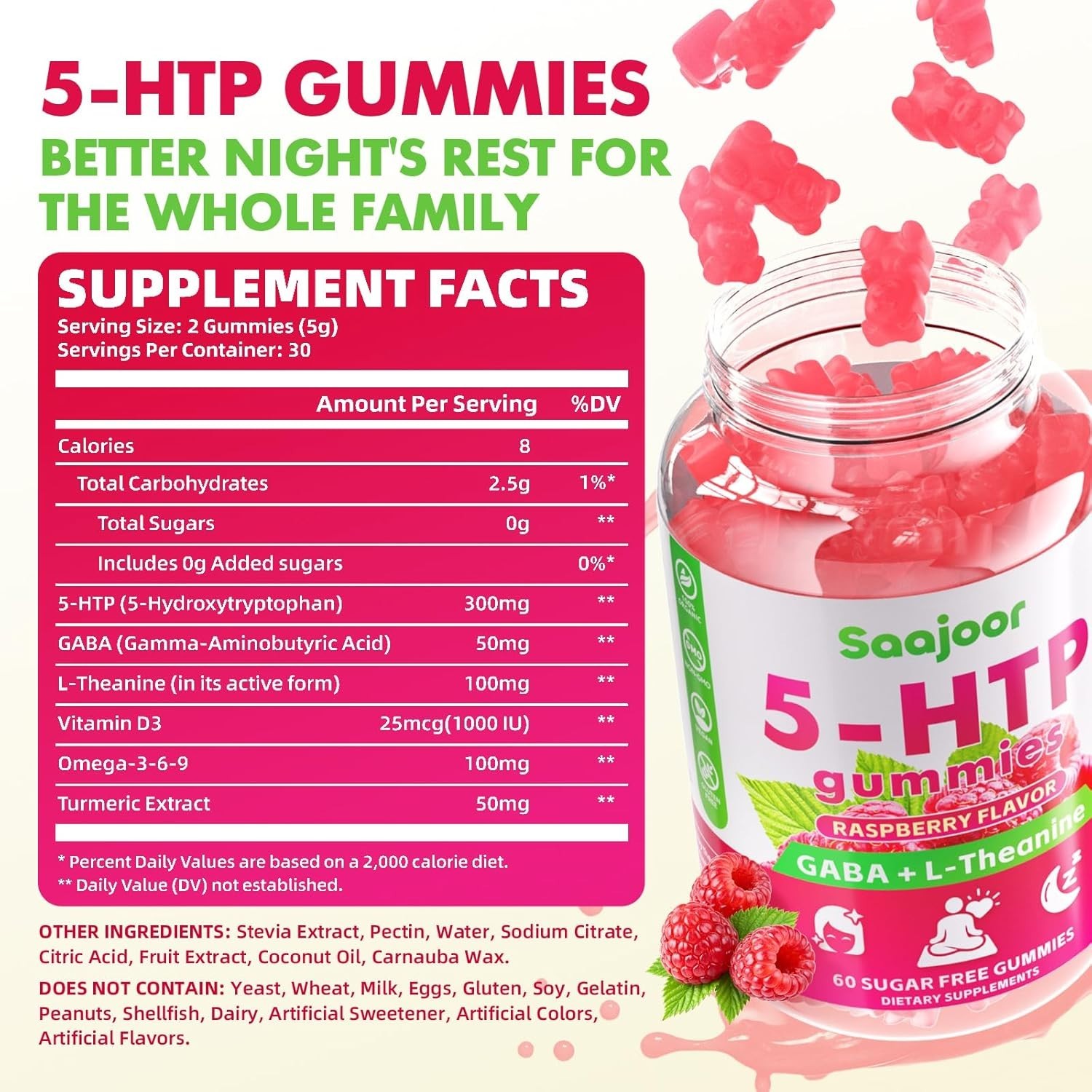 Saajoor 5-HTP 300mg Gummies with GABA+L-Theanine & Vitamin D3, Circadian Support