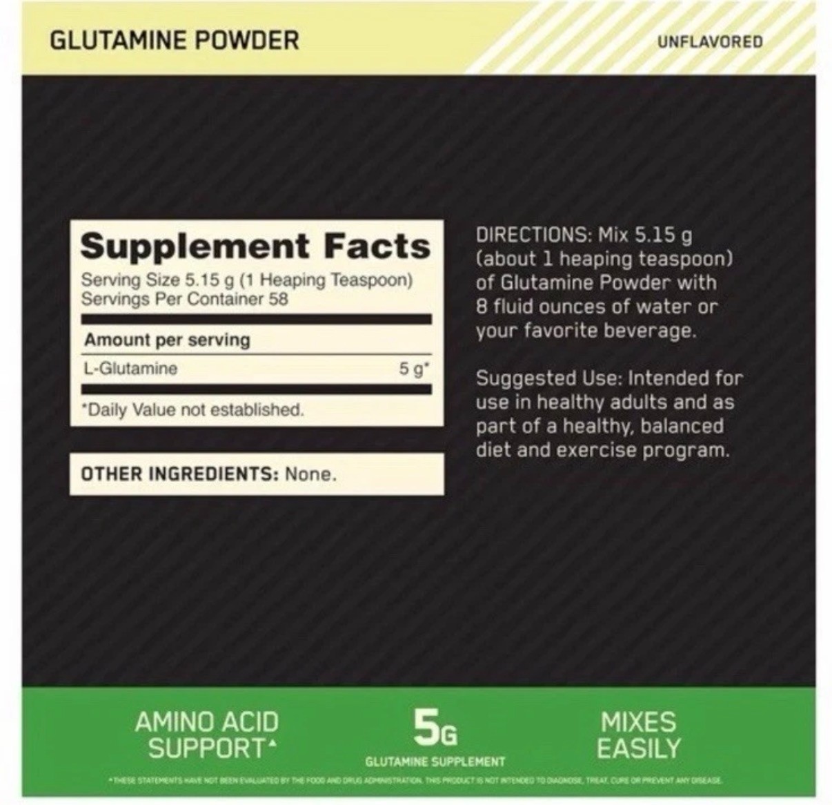 Optimum Nutrition Glutamine Powder Unflavored 10.58 oz 300 g, 58 Servin Exp 5/28