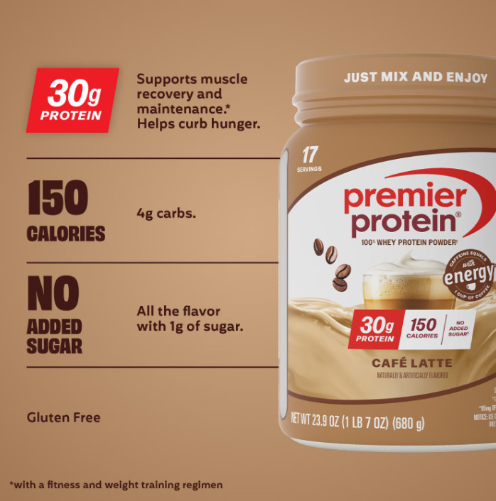 Premier Protein 100% Whey Protein Powder, Café Latte, 30g Protein, 23.9 oz, 1.5l