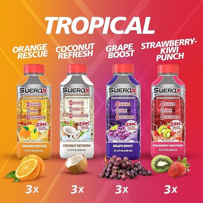 SueroX Electrolyte Drink Tropical Pack 8 Ions for Hydration 21.3 Fl Oz 12 Count
