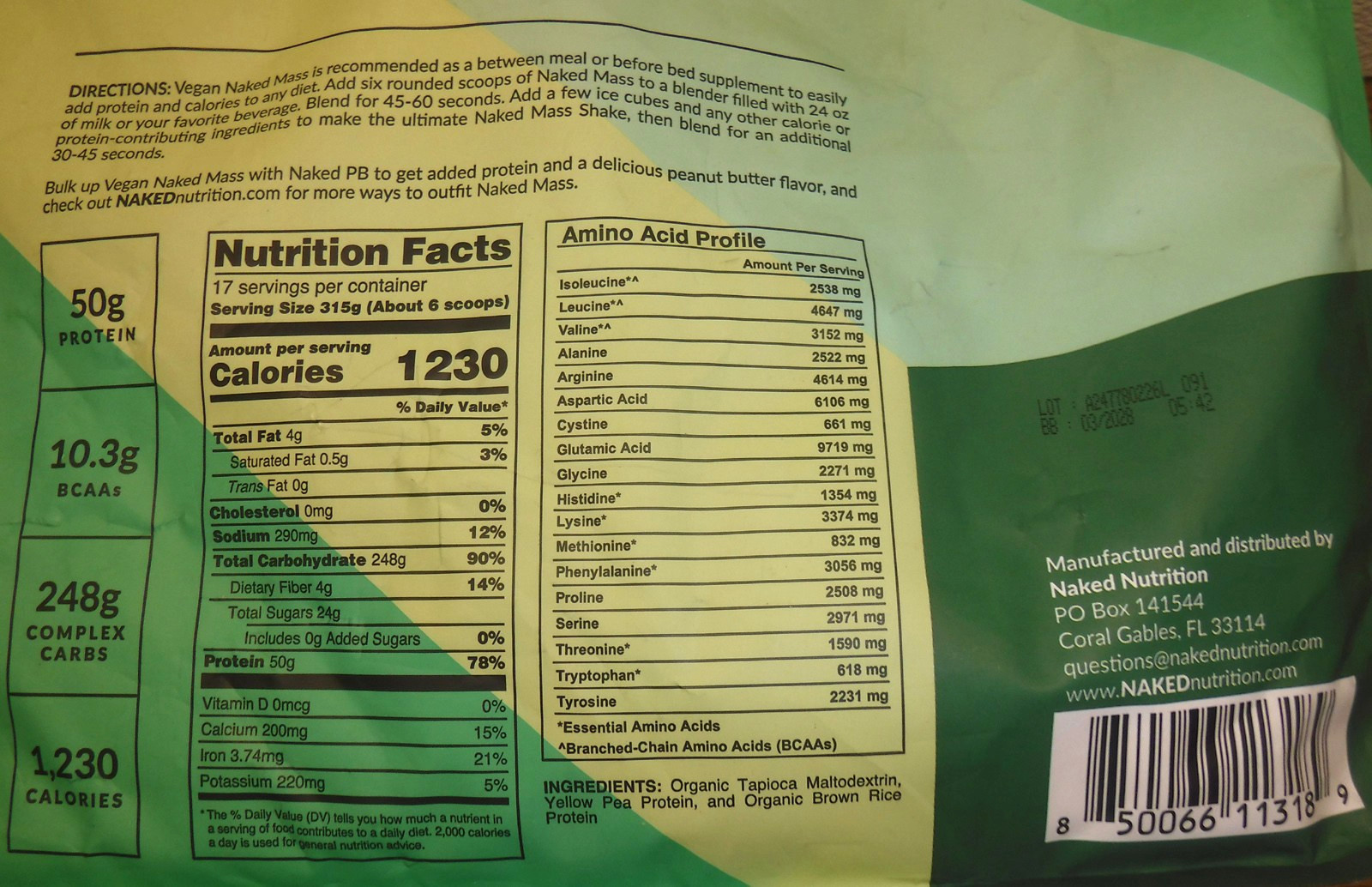 NAKED MASS Weight Gainer Protein Powder, Unflavored Vegan, 12 lb bag, BB 03/28