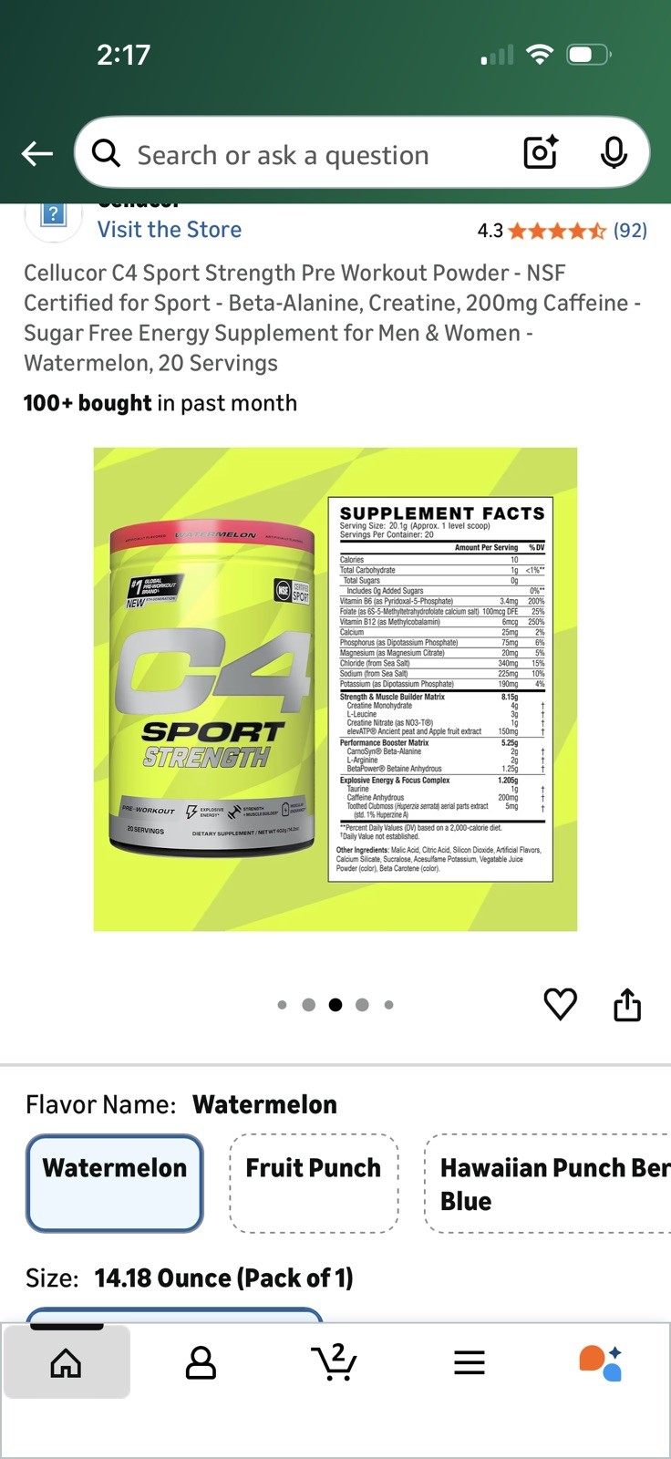 C4 Sport Strength, Pre-Workout, Watermelon, 14.2 oz : 01/2026