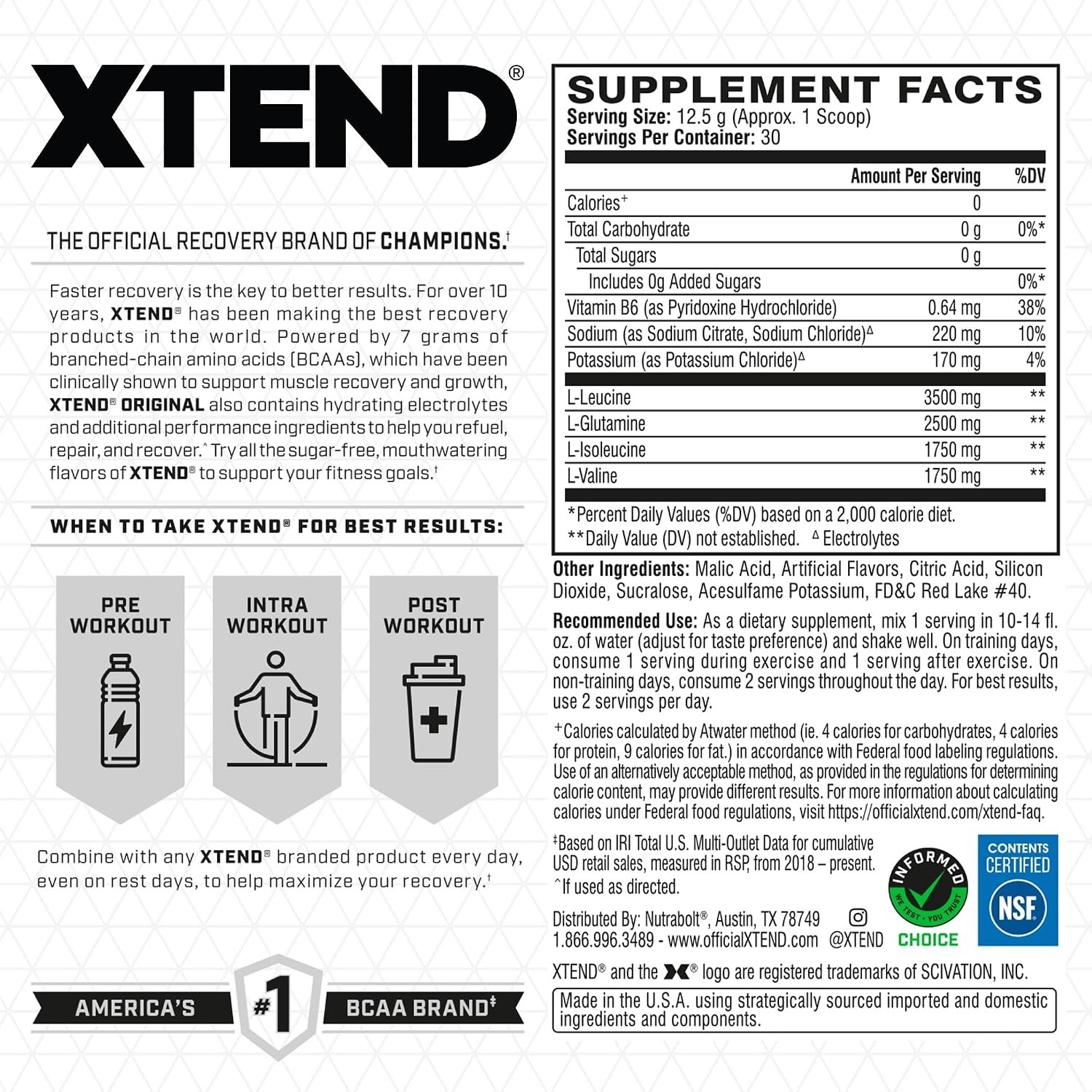 Xtend Original BCAA Powder 7g BCAA and 2.5g L-Glutamine, Sugar Free 30 Servings