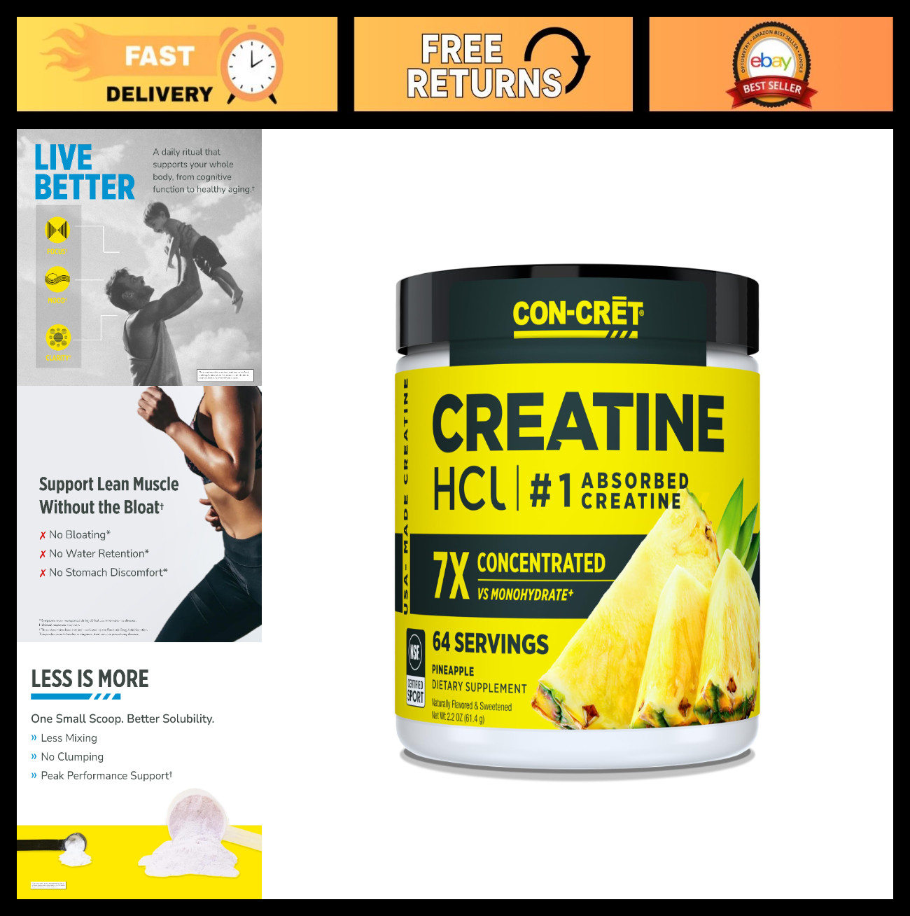 Creatine HCl Powder – Pineapple Flavor, 64 Servings, No Bloating, Muscle & Stren