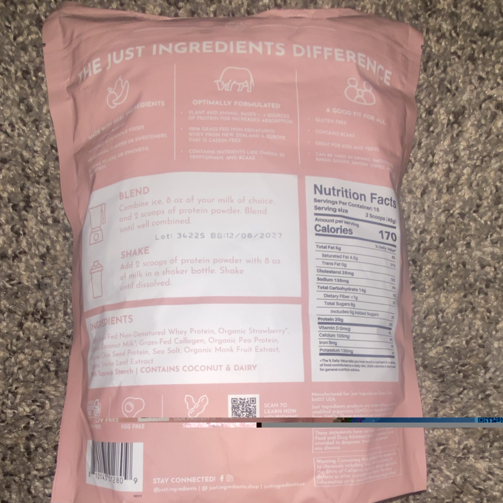 Just Ingredients Strawberries & Cream Protein Powder Casein-Free GF 1.49lb 15sv