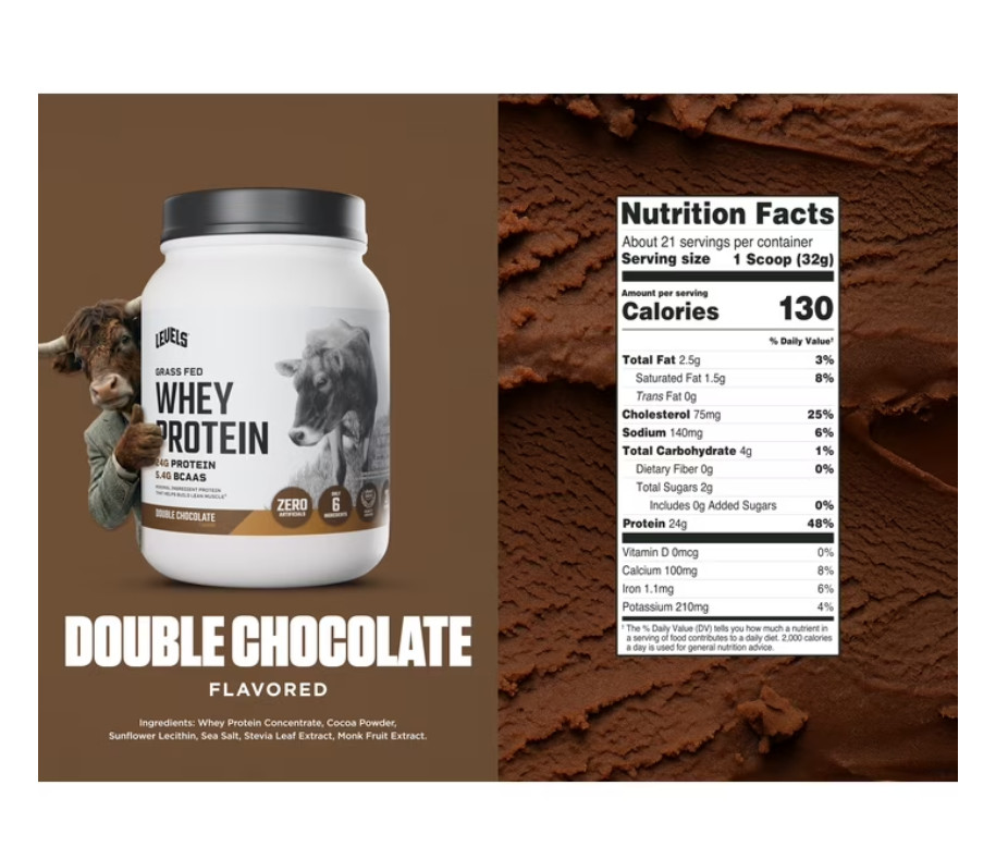 Levels Grass Fed Whey Protein Powder, No Artificials, 24G of Protein, Double Cho