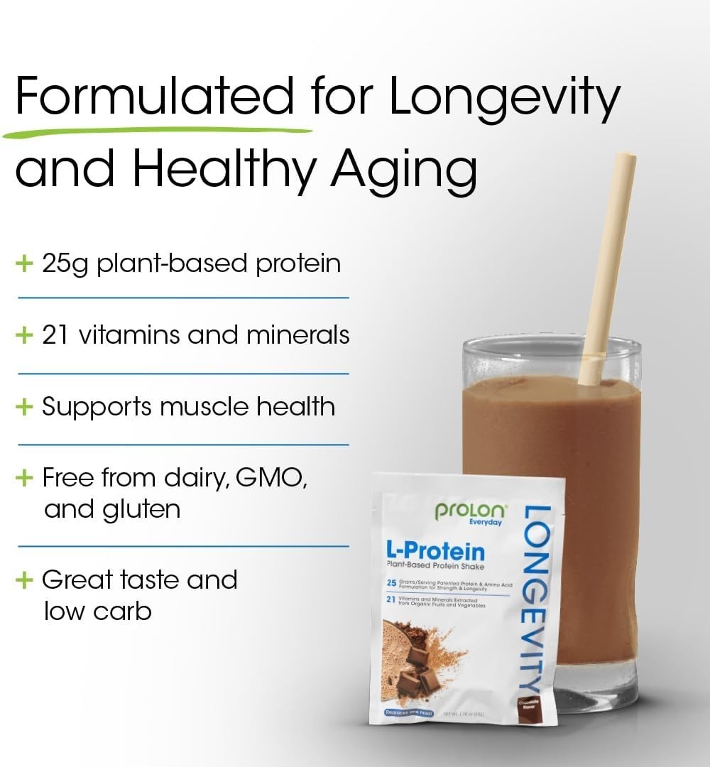 Prolon Longevity Plant-Based Protein Powder, Chocolate, 12 Packets, 25g Protein