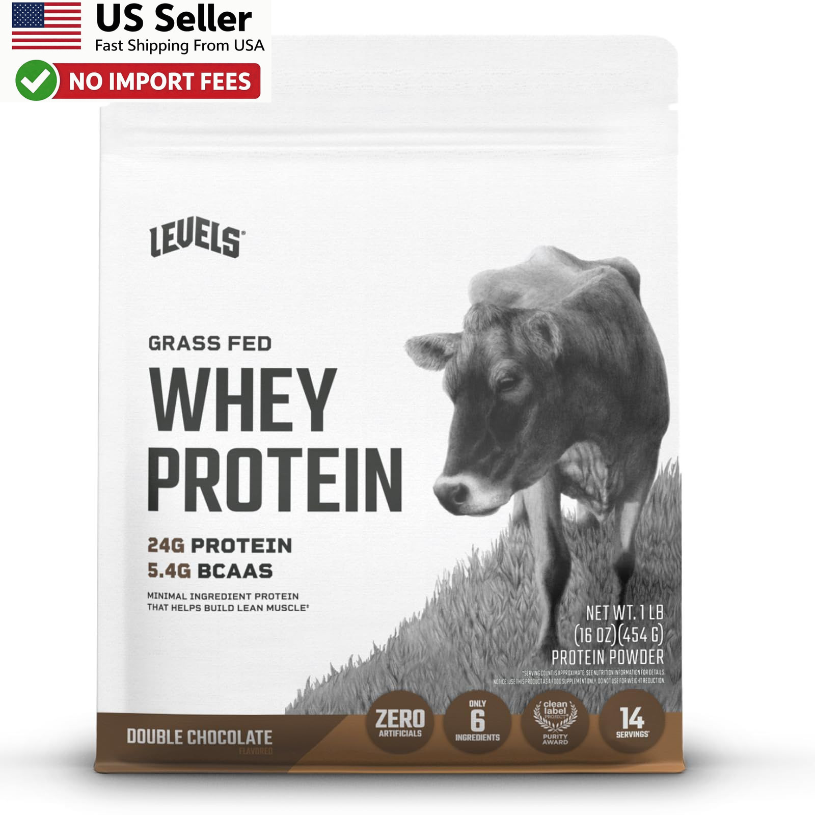 Levels Grass Fed Whey Protein Powder 24G Double Chocolate 1LB No Stuff FROM USA